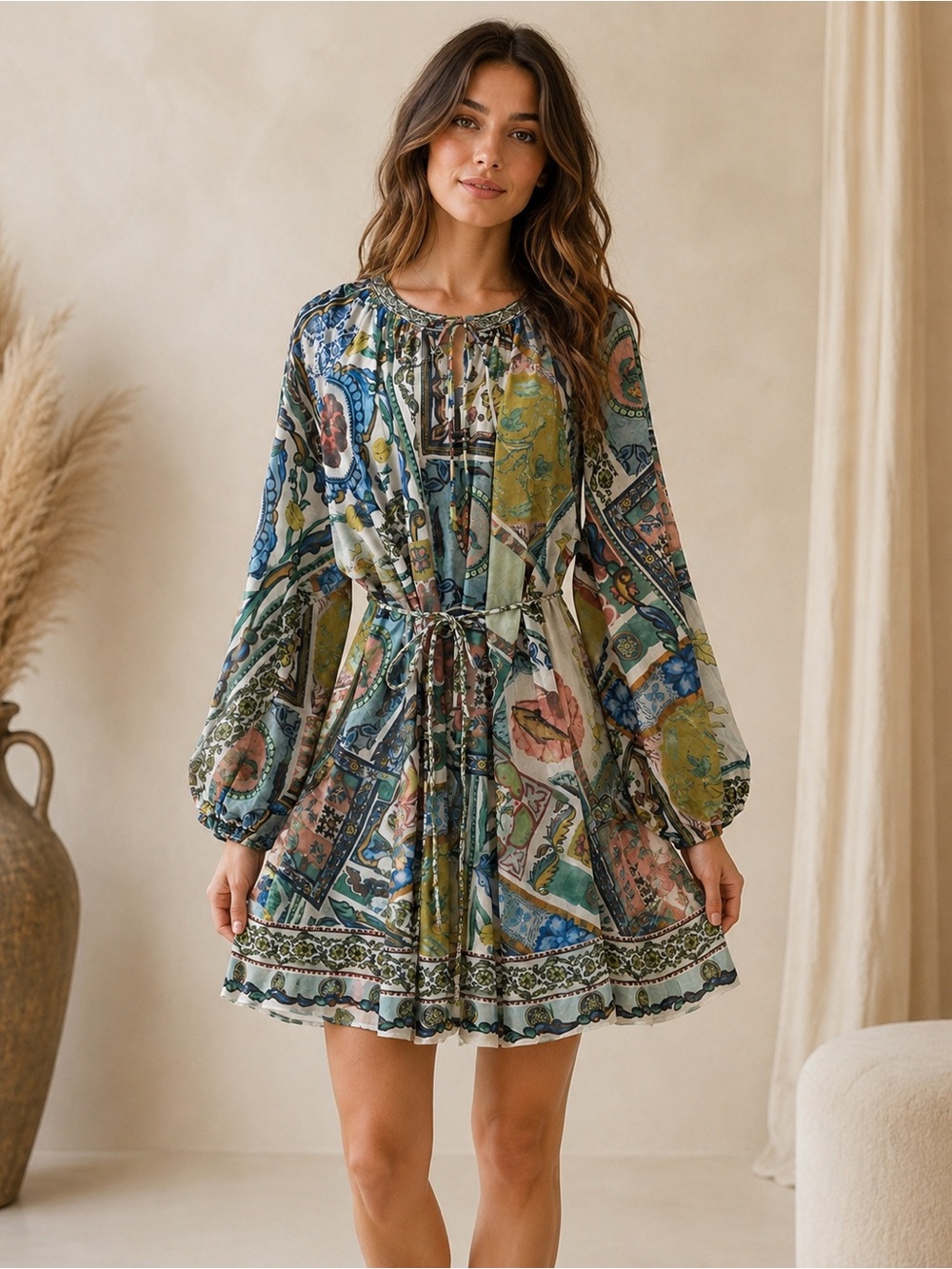Beulah Multicolor Tile-Print Tie-Front Swim Coverup
